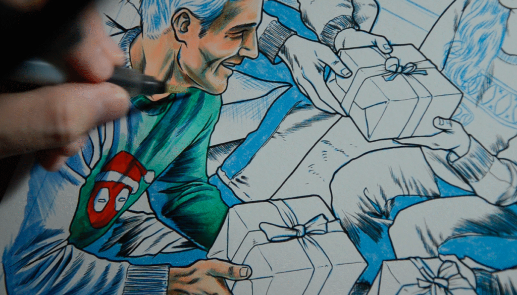 Cómo Vender Ilustraciones de Navidad y Conseguir Ingresos Extra en Diciembre Proceso de color con acuarela de Yen San, ilustración Navideña para CINESA