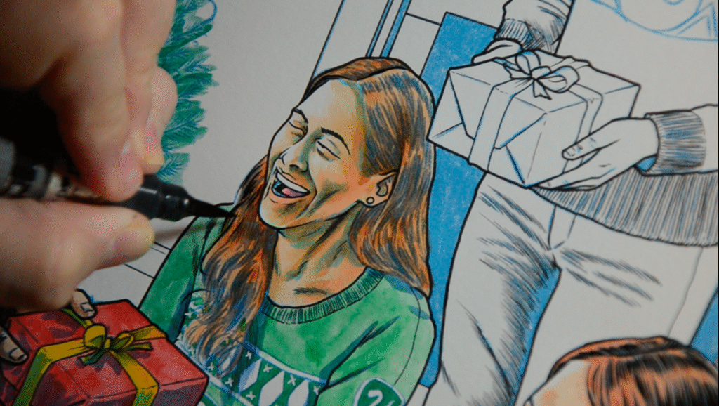 Cómo Vender Ilustraciones de Navidad y Conseguir Ingresos Extra en Diciembre Proceso de entintado de Yen San, ilustración Navideña para CINESA