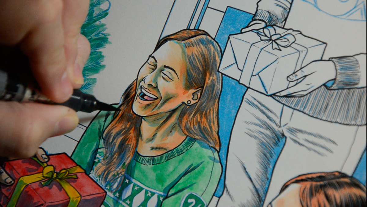 Cómo Vender Ilustraciones de Navidad y Conseguir Ingresos Extra en Diciembre Proceso de entintado de Yen San, ilustración Navideña para CINESA